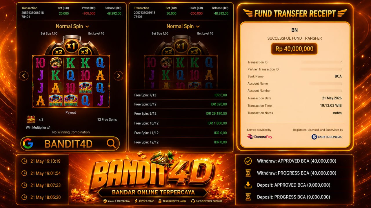 SELAMAT KEPADA MEMBER BANDIT𝟰D
DEPOSIT : RP 𝟵.𝟬𝟬𝟬.𝟬𝟬𝟬
WITHDRAW : RP 𝟰𝟬.𝟬𝟬𝟬.𝟬𝟬𝟬
L