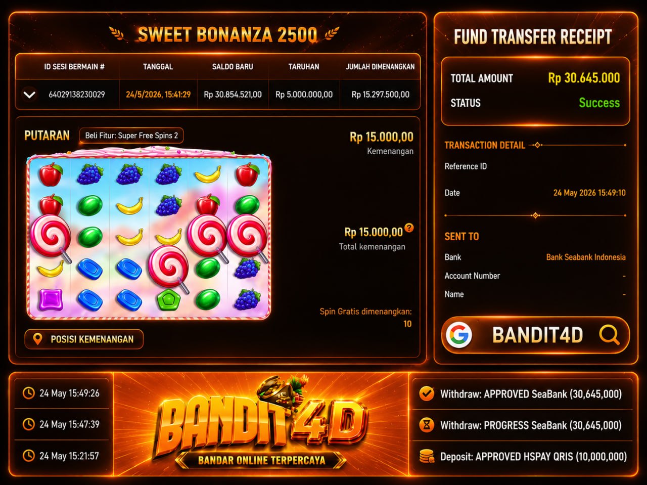 SELAMAT KEPADA MEMBER BANDIT𝟰D
DEPOSIT : RP 𝟭𝟬.𝟬𝟬𝟬.𝟬𝟬𝟬
WITHDRAW : RP 𝟯𝟬.𝟲𝟰𝟱.𝟬𝟬𝟬

