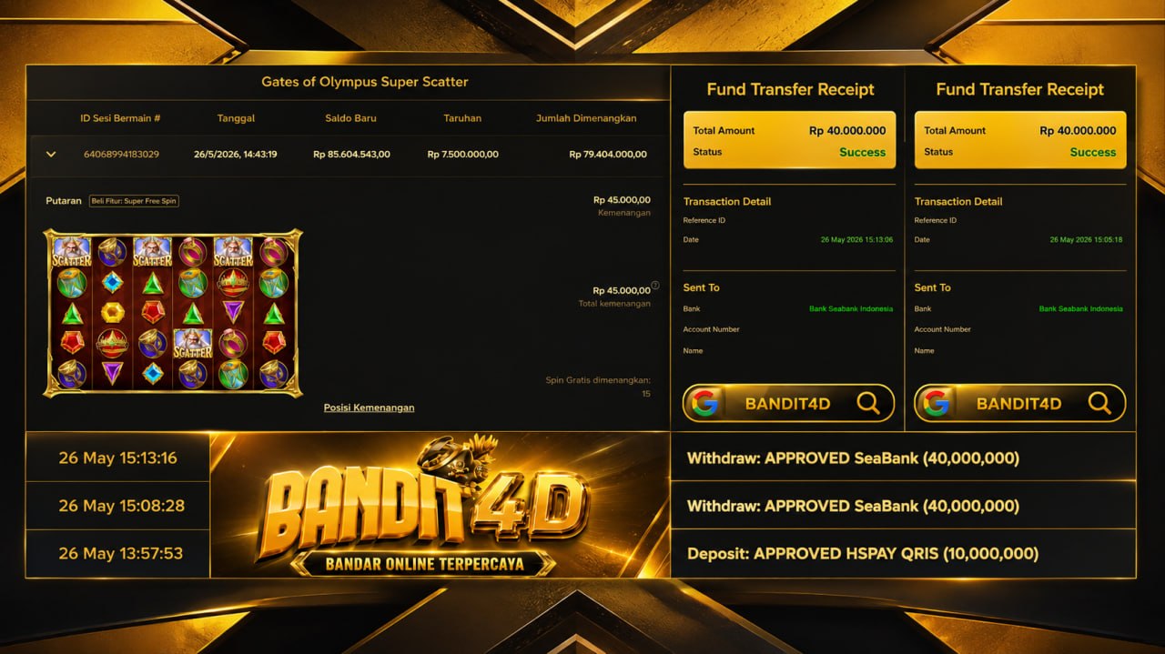 SELAMAT KEPADA MEMBER BANDIT𝟰D
DEPOSIT : RP 𝟭𝟬.𝟬𝟬𝟬.𝟬𝟬𝟬
WITHDRAW : RP 𝟴𝟬.𝟬𝟬𝟬.𝟬𝟬𝟬
