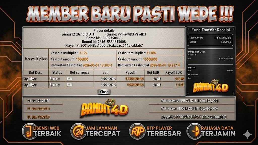 SELAMAT KEPADA MEMBER BANDIT4D
DEPOSIT : RP 2.000.000
WITHDRAW : RP 26.692.000
L