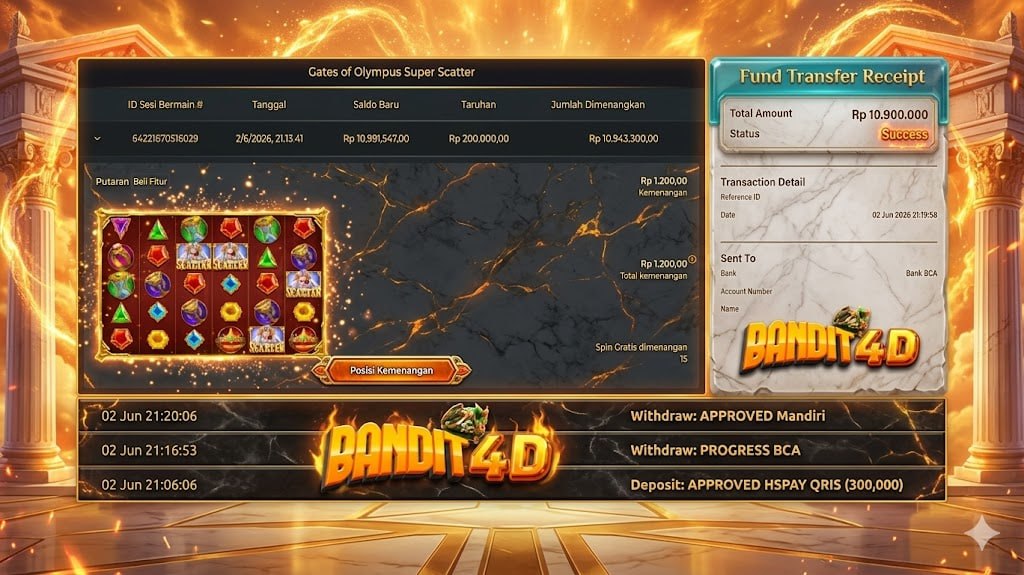 SELAMAT KEPADA MEMBER BANDIT4D
DEPOSIT : RP 300.000
WITHDRAW : RP 10.900.0000
LI