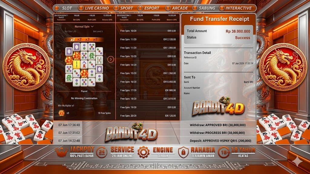 SELAMAT KEPADA MEMBER BANDIT4D
DEPOSIT : RP 200.000
WITHDRAW : RP 38.000.000
LIN