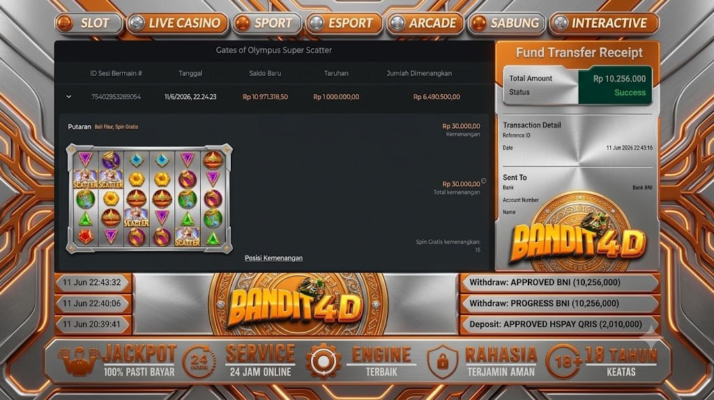 SELAMAT KEPADA MEMBER BANDIT4D
DEPOSIT : RP 2.010.000
WITHDRAW : RP 10.256.000
L