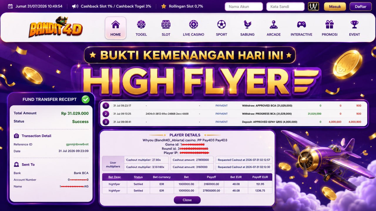 🔥SELAMAT KEPADA MEMBER BANDIT4D🔥
DEPOSIT : RP 4000.000
WITHDRAW : RP 31.000.000
