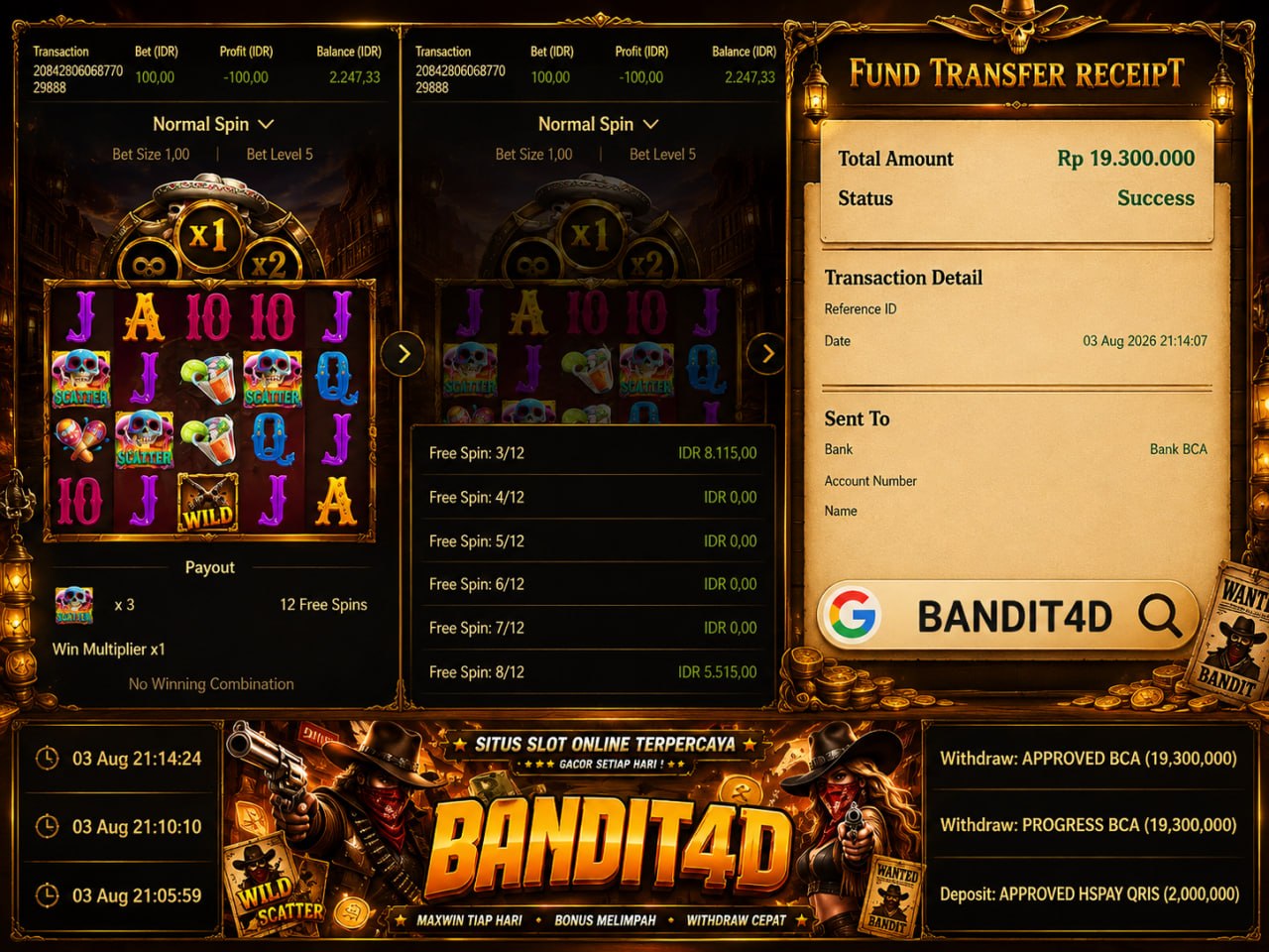 🔥 SELAMAT KEPADA MEMBER BANDIT4D 🔥
DEPOSIT : RP 2.000.000
WITHDRAW : RP 19.300.0