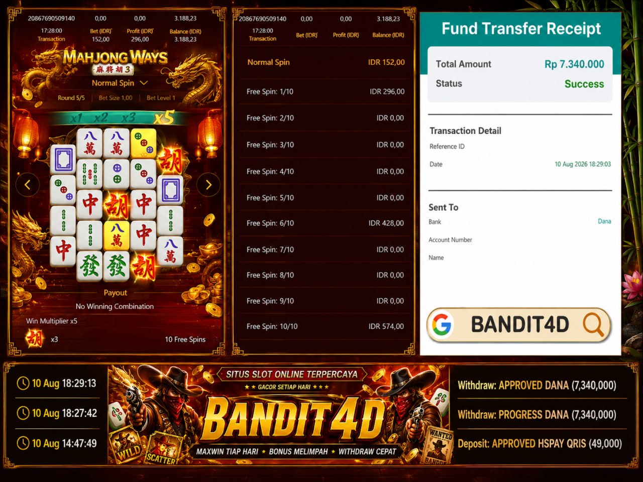 🔥 SELAMAT KEPADA MEMBER BANDIT4D 🔥
DEPOSIT : RP 49.000
WITHDRAW : RP 7.340.000
L